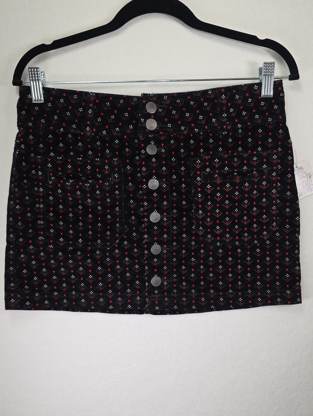 We The Free Black Corduroy Mini Skirt with Red & White Geometric Print Size 27